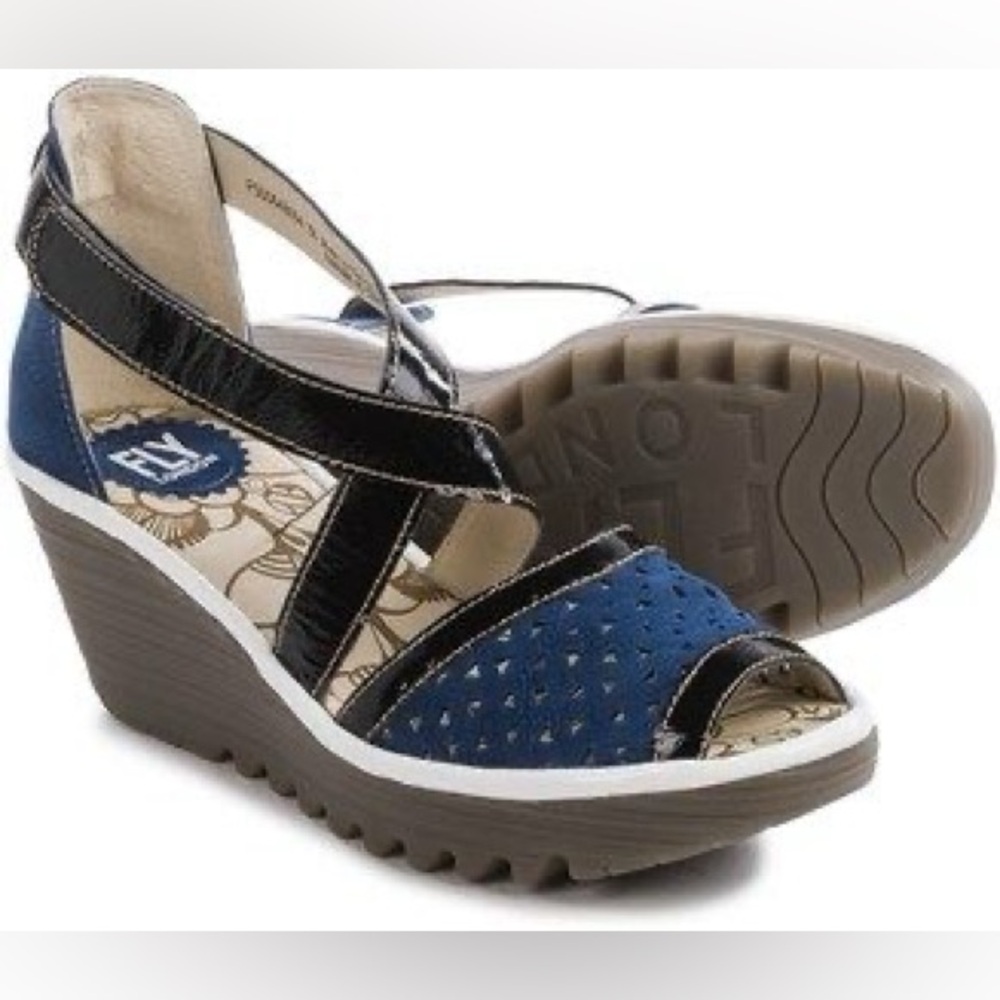 Fly London Blue and Black Sandals